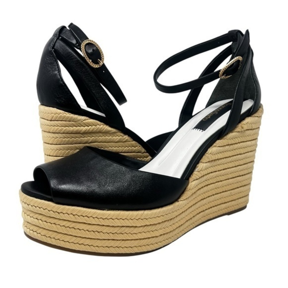 Franco Sarto Black and Tan Wedge Sandals